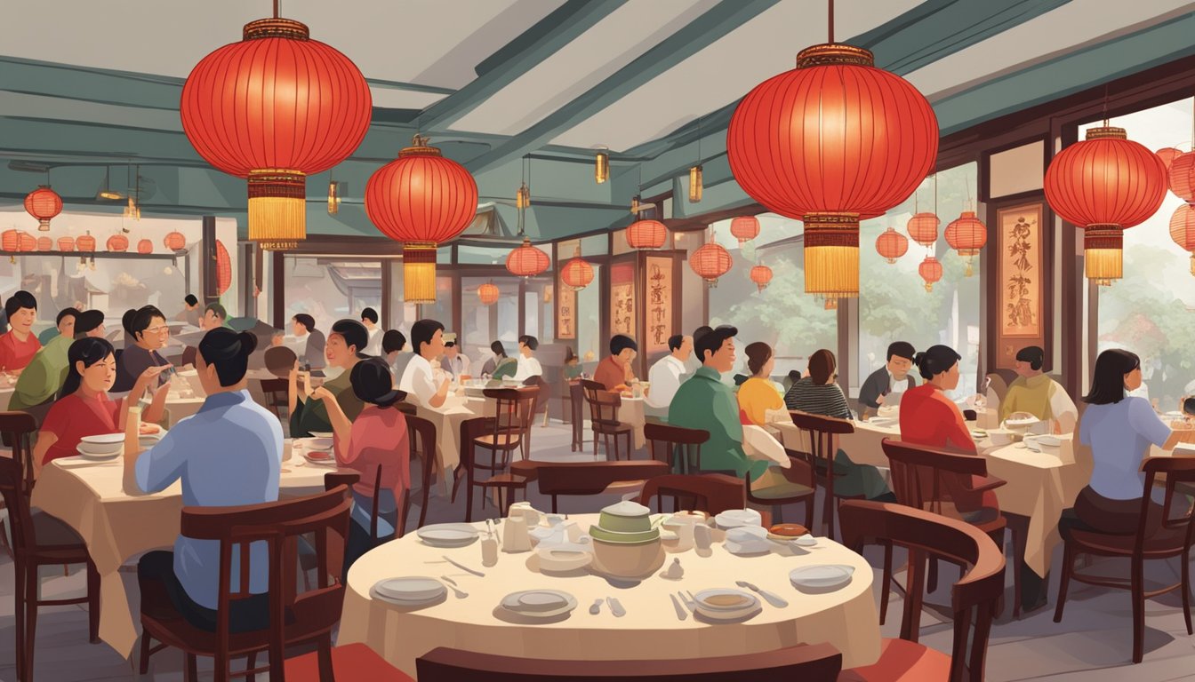 Mitzi's Cantonese restaurant: vibrant red lanterns, steaming woks, and bustling waitstaff serving fragrant dishes to eager diners