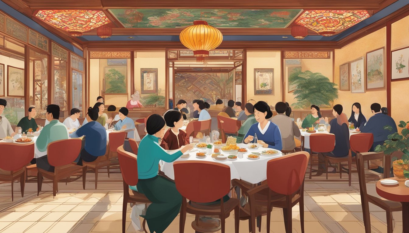Customers dining at Mitzi Cantonese restaurant, surrounded by traditional Chinese decor and enjoying a variety of delicious dishes