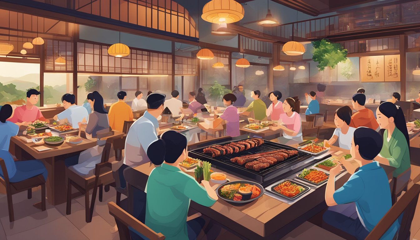 Customers enjoying Korean BBQ at ssikkek restaurant, grilling meat on tabletop grills, surrounded by colorful banchan dishes and lively atmosphere