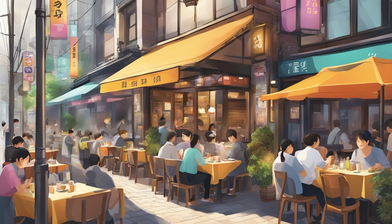 A bustling Myeongdong restaurant with colorful signage and outdoor seating. Aromatic steam rises from sizzling dishes as diners chat and laugh