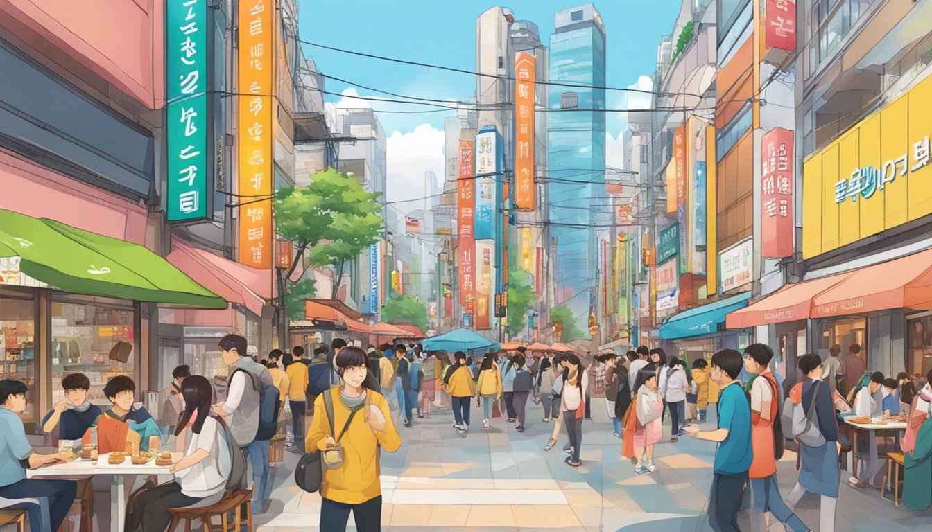 The bustling streets of Myeongdong are lined with colorful restaurants and lively crowds, creating a vibrant and energetic scene for an illustrator to recreate