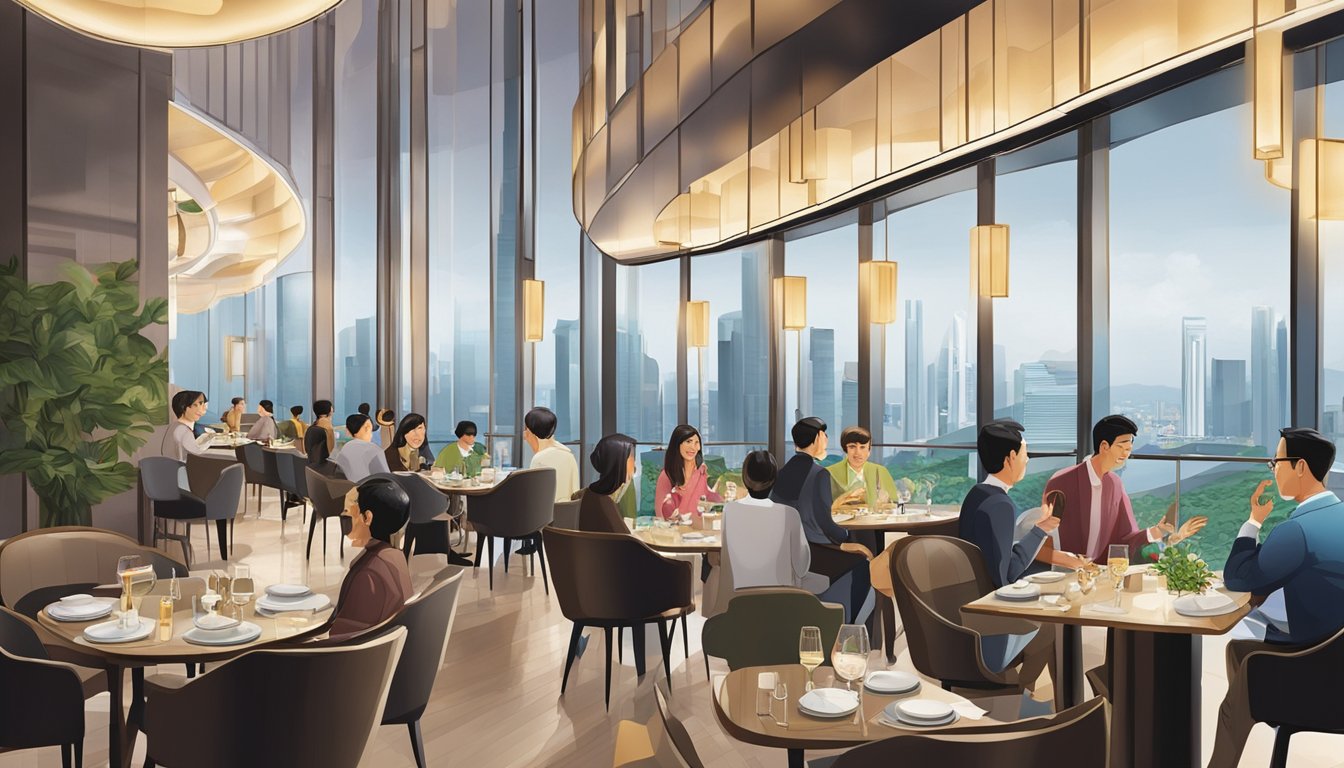 The Singapore Land Tower restaurant bustles with diners enjoying panoramic city views and a sophisticated dining atmosphere