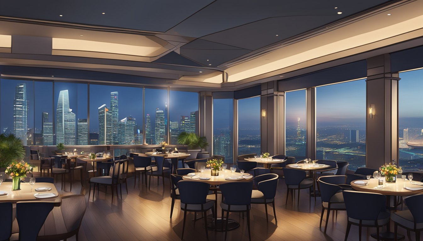 A bustling restaurant in Singapore Land Tower, with elegant tables, dim lighting, and a panoramic view of the city skyline