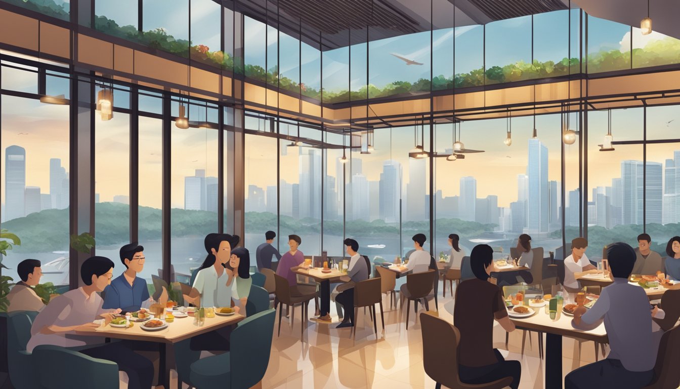 The bustling atmosphere of a Singaporean land tower restaurant with people enjoying their meals and the city skyline visible through the large windows