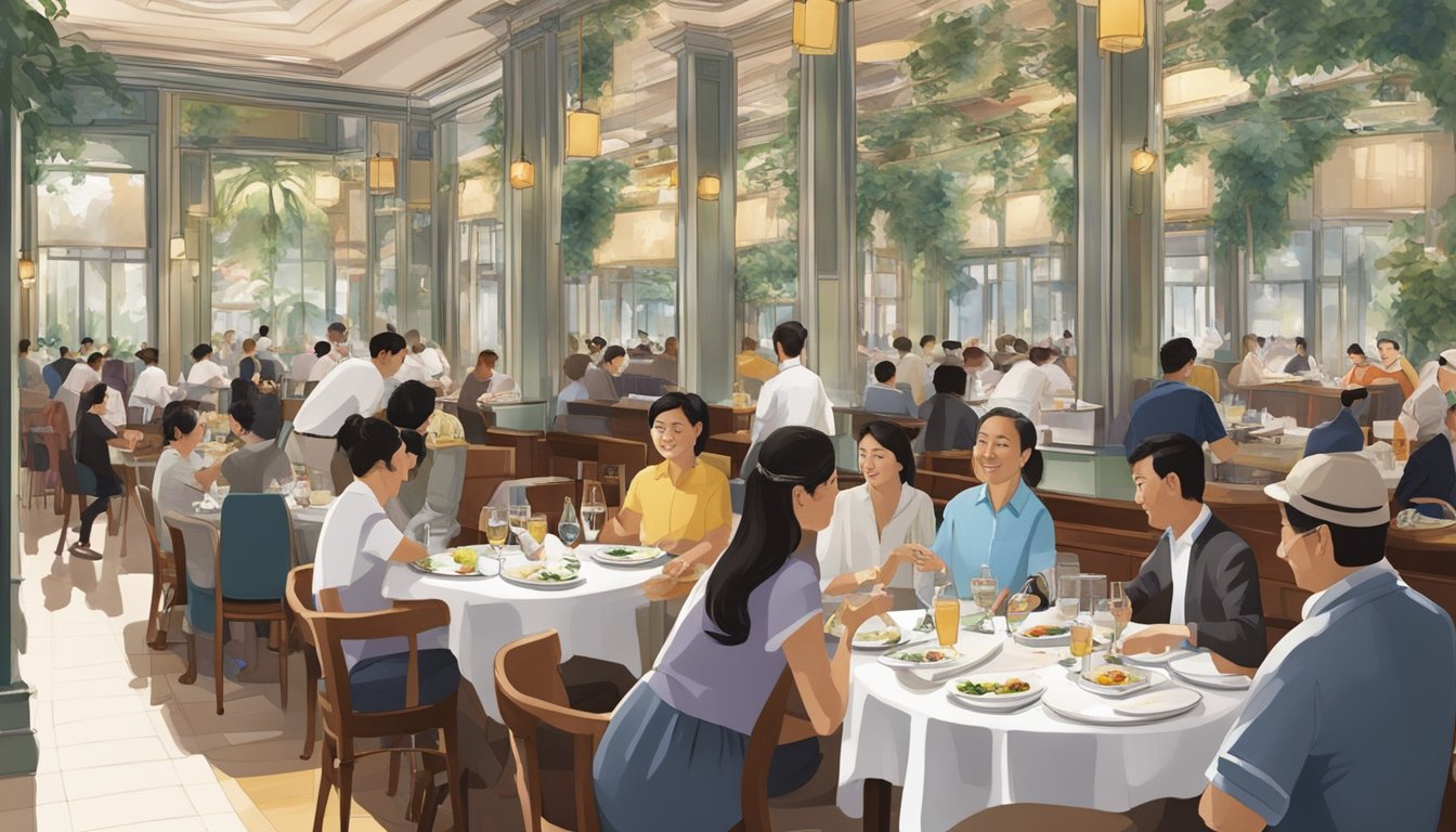 The bustling dining area of Nicolas restaurant in Singapore, with patrons enjoying their meals and staff attending to their needs