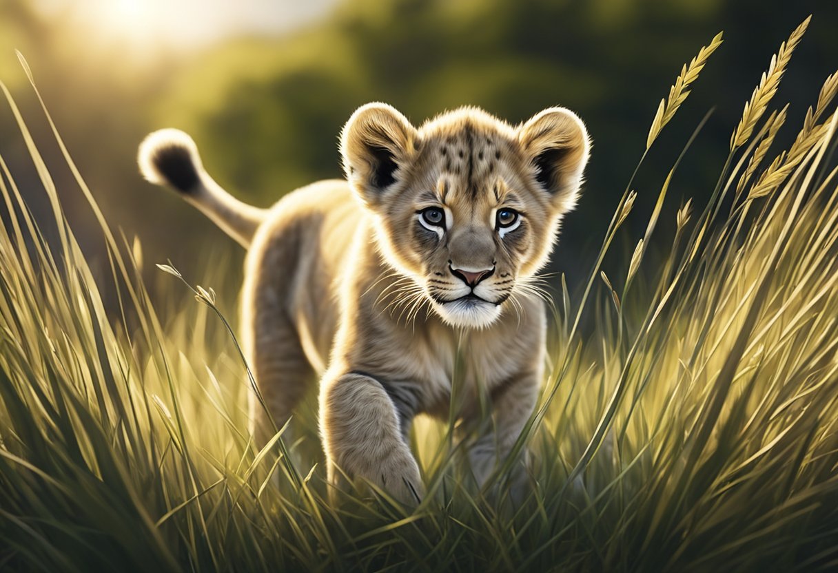 A small lion cub named Lowen plays in a field of tall grass