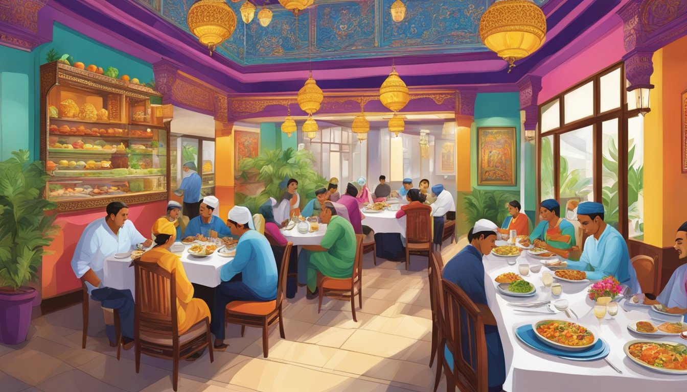 A vibrant scene at Shish Mahal restaurant, Singapore, with colorful decor, aromatic dishes, and bustling activity
