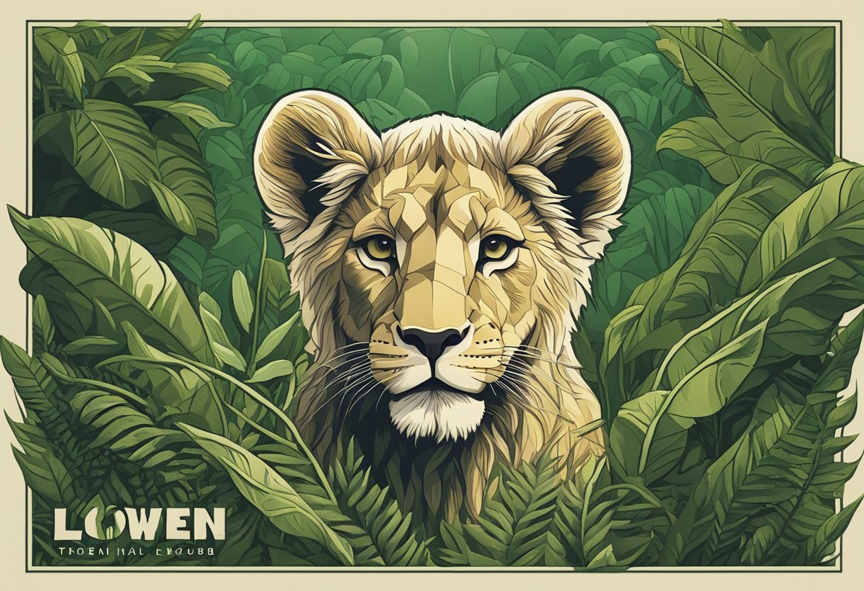A lion cub emerges from a lush jungle, symbolizing strength and courage. The name "Lowen" is written in bold, regal lettering above the scene