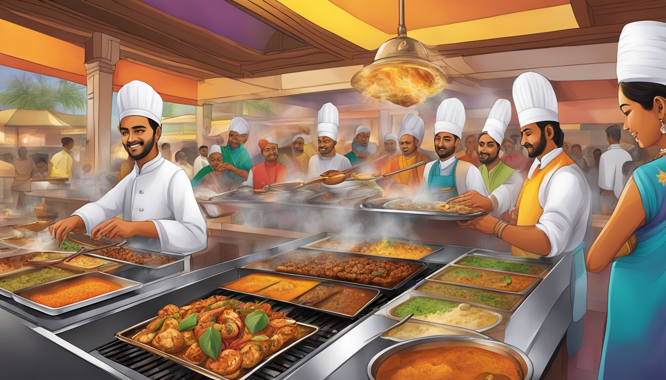 A colorful array of Indian dishes sizzle on the grill, while aromatic spices fill the air at Shish Mahal Restaurant in Singapore