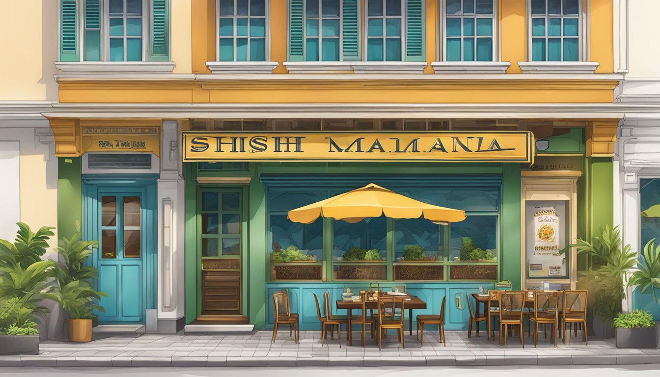 The exterior of Shish Mahal restaurant in Singapore, with vibrant signage and outdoor seating, surrounded by bustling city streets
