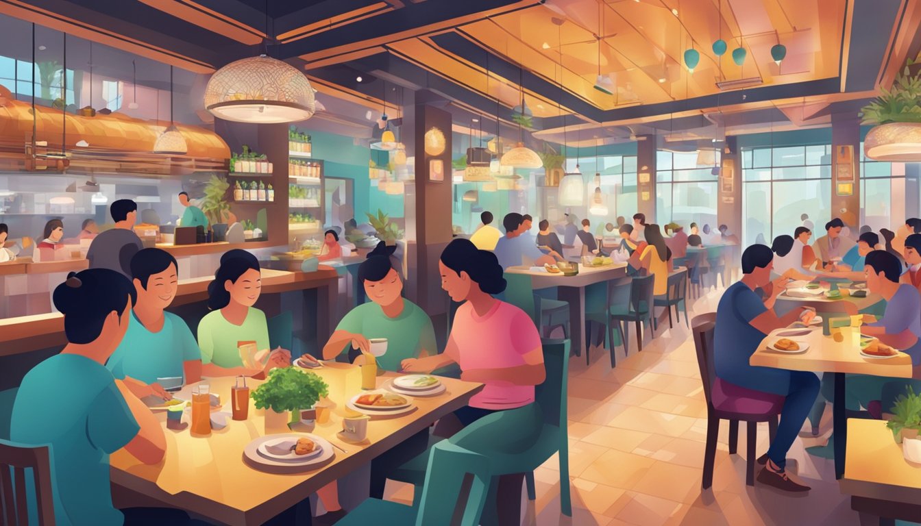 A bustling NTU restaurant with colorful decor, steaming dishes, and patrons enjoying their meals