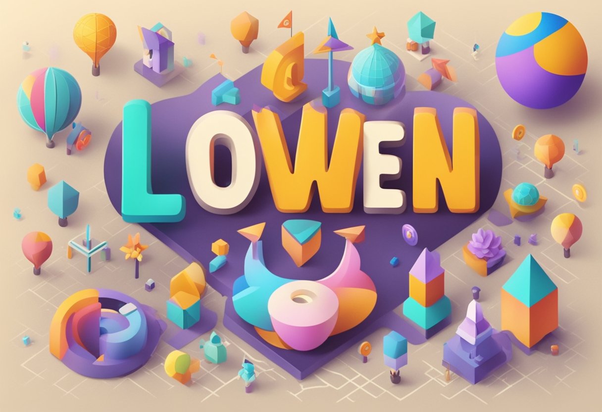 The name "Lowen" trending upward on a graph, surrounded by colorful, modern baby-themed icons and symbols