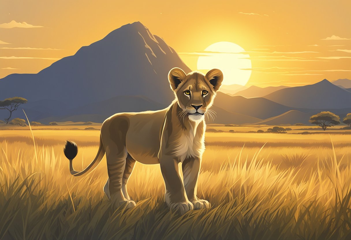 A lion cub named Lowen stands proudly in a grassy savanna, the sun setting behind him, casting a warm golden glow over the landscape