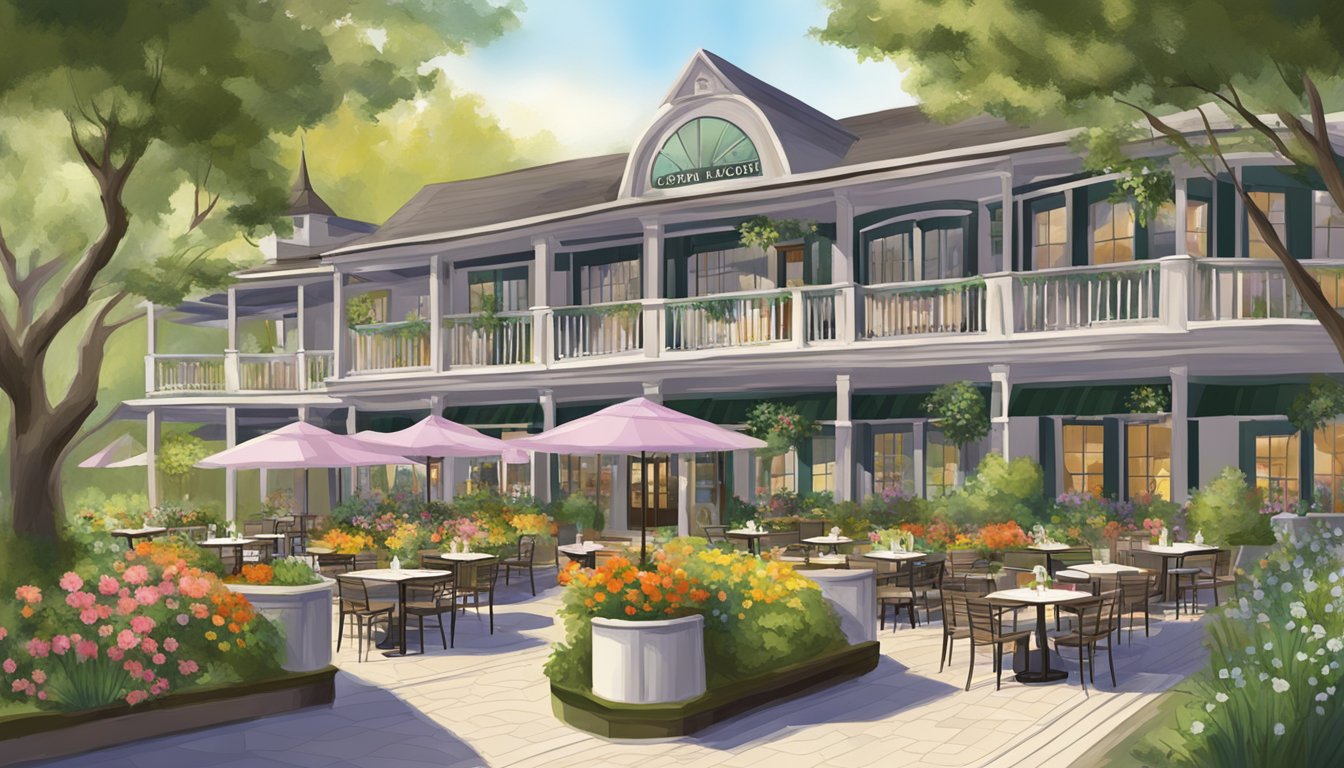 The Orchard Rendezvous hotel restaurant features a lush garden with vibrant flowers and a charming outdoor seating area. Contact information is prominently displayed on a sign near the entrance