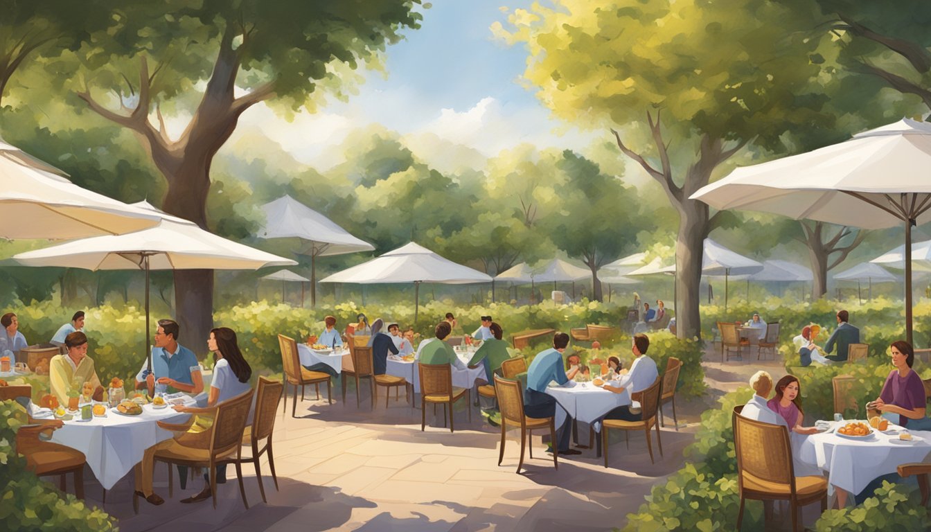 A bustling orchard surrounds a hotel restaurant, where guests gather for a rendezvous. The air is filled with the aroma of fresh fruit and the sound of lively conversation