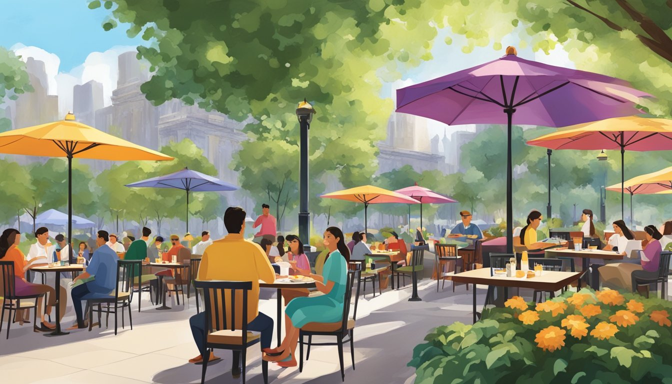 The Park Royal restaurants buzz with activity as patrons dine al fresco and enjoy the vibrant atmosphere. The aroma of diverse cuisines fills the air, while colorful umbrellas dot the outdoor seating area