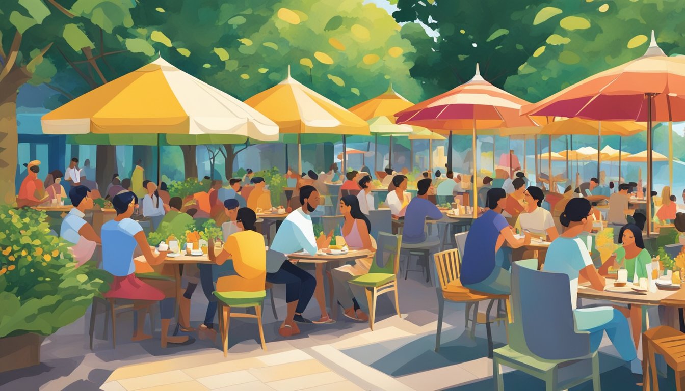 People dining at outdoor tables, surrounded by lush greenery and colorful umbrellas. A variety of cuisines on display, with waiters bustling between tables