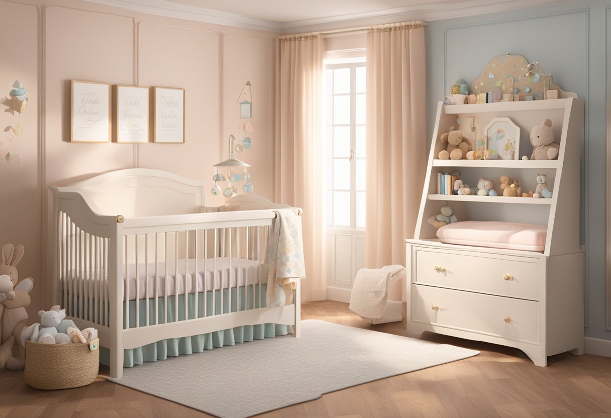 A soft, pastel-colored nursery with a crib adorned with the name "Luciana" in elegant script above it. Toys and books are neatly organized on shelves, and a gentle, warm light fills the room