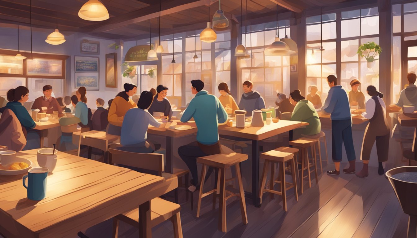 A bustling porridge restaurant with steaming bowls, wooden tables, and cozy lighting. Customers chat and enjoy their meals as staff bustle about
