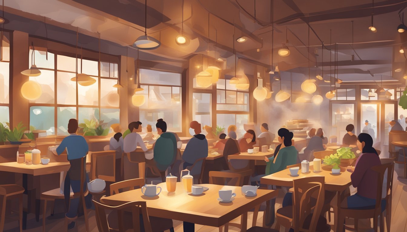 A bustling porridge restaurant with steaming bowls, cozy seating, and a warm, inviting atmosphere