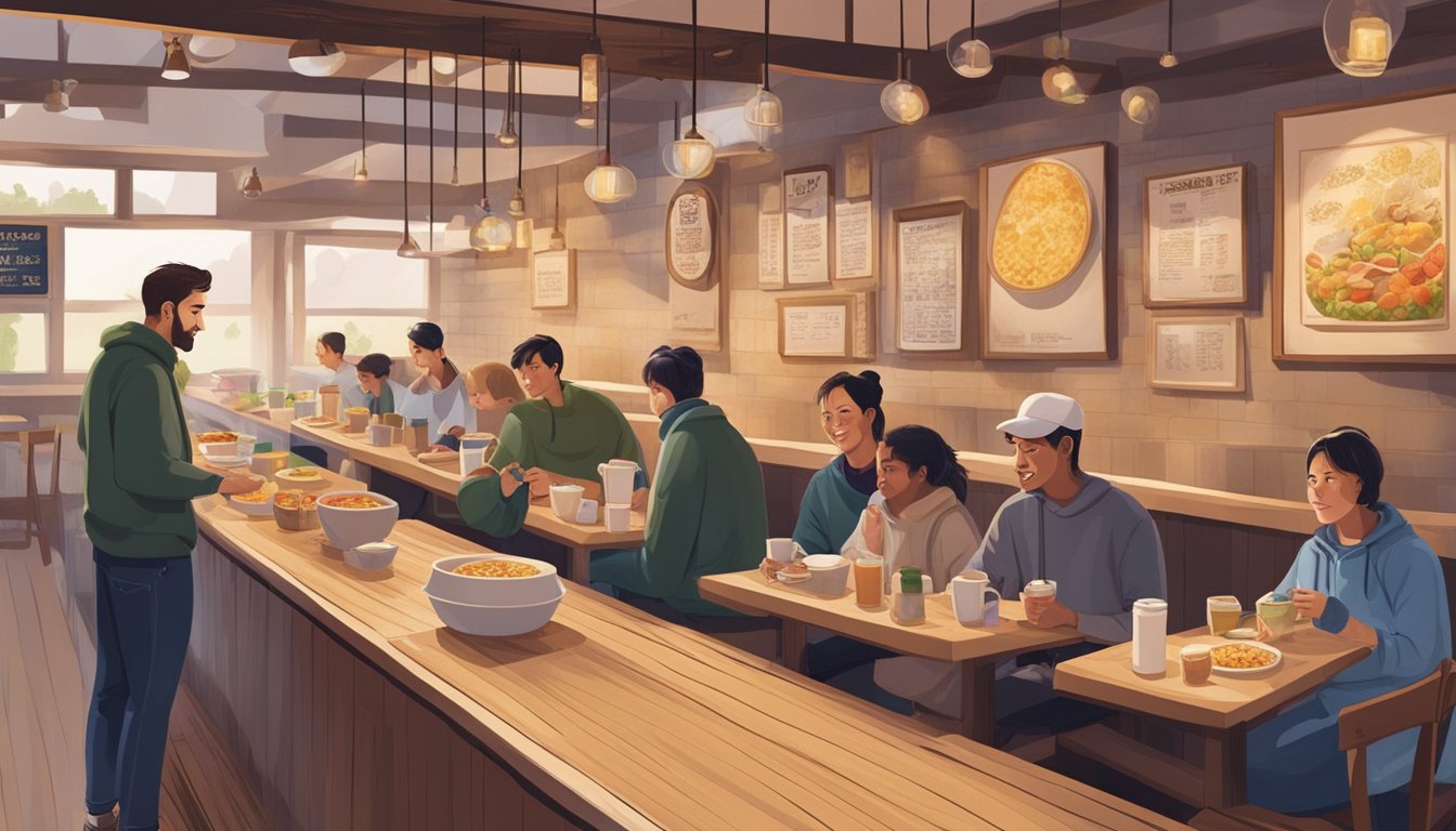Customers line up at the FAQ porridge restaurant, choosing from a variety of toppings and flavors. The cozy atmosphere invites diners to enjoy their warm bowls of porridge