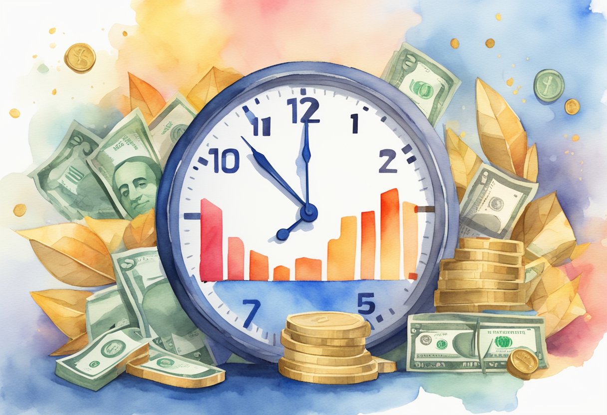 A YouTube logo surrounded by a clock, a stack of money, and a growing line graph, symbolizing the time and effort required to earn money on the platform