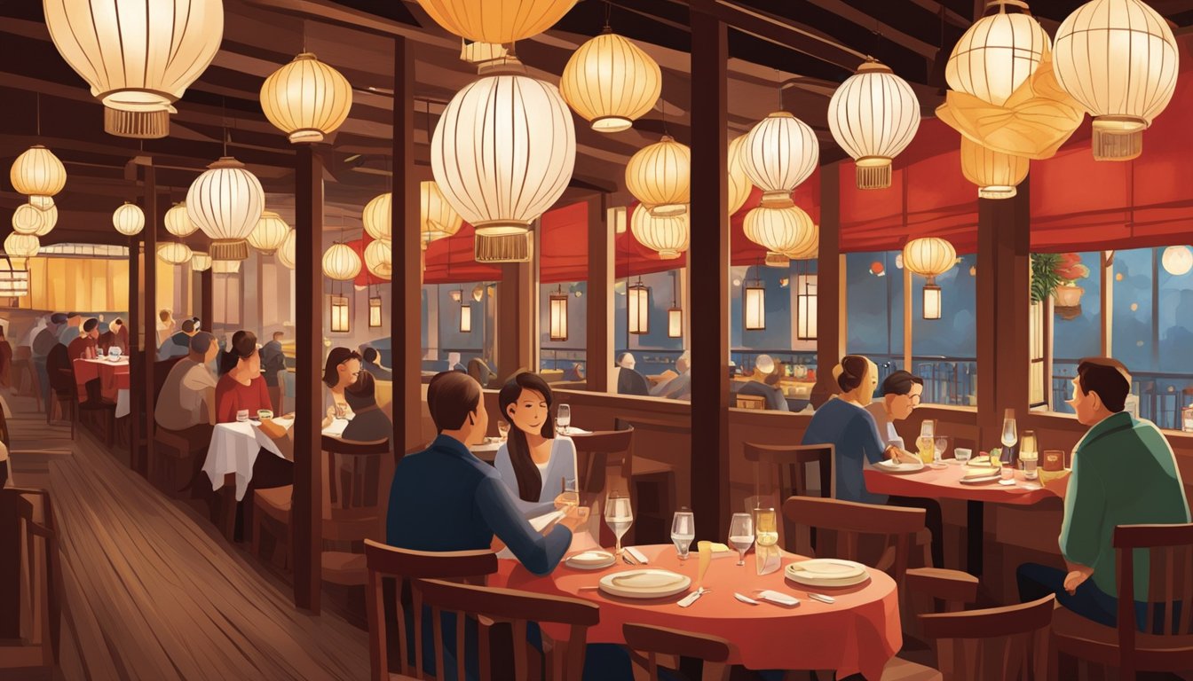 The Red Sparrow Restaurant bustles with diners. The warm glow of hanging lanterns illuminates the cozy space, while the aroma of sizzling dishes fills the air