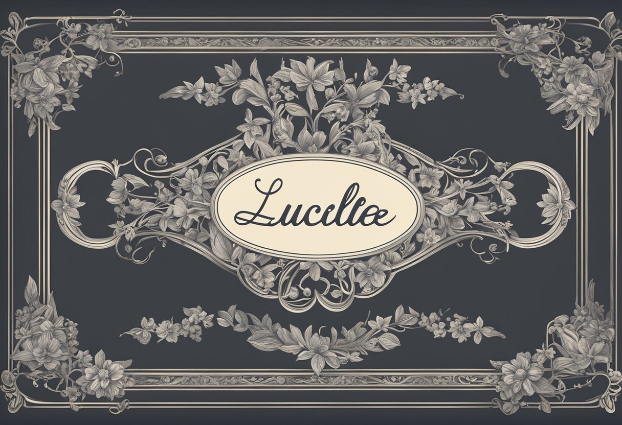 A baby name lucille displayed on a vintage-inspired nameplate with elegant script and adorned with delicate floral accents