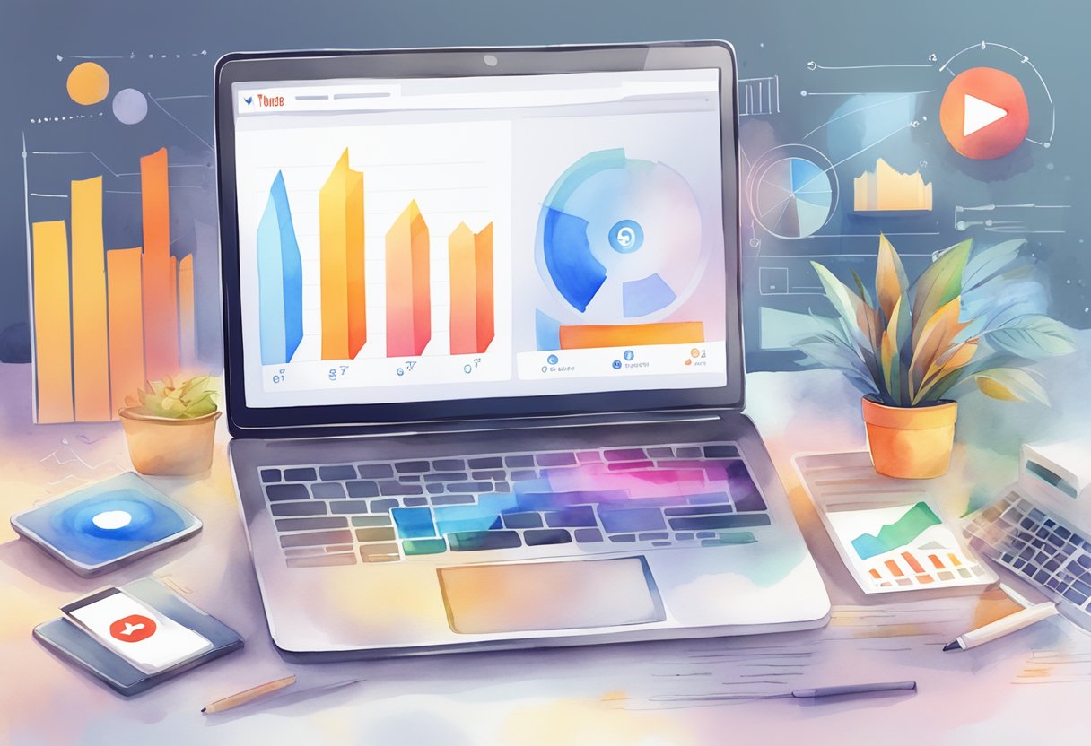 A laptop displaying YouTube analytics with a growing revenue graph, surrounded by charts and graphs of engagement and monetization strategies