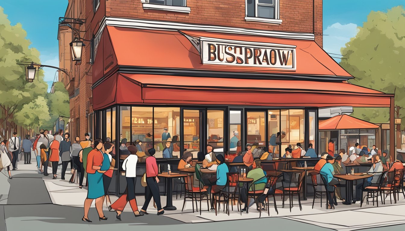 The bustling red sparrow restaurant with a line of customers, outdoor seating, and a vibrant sign