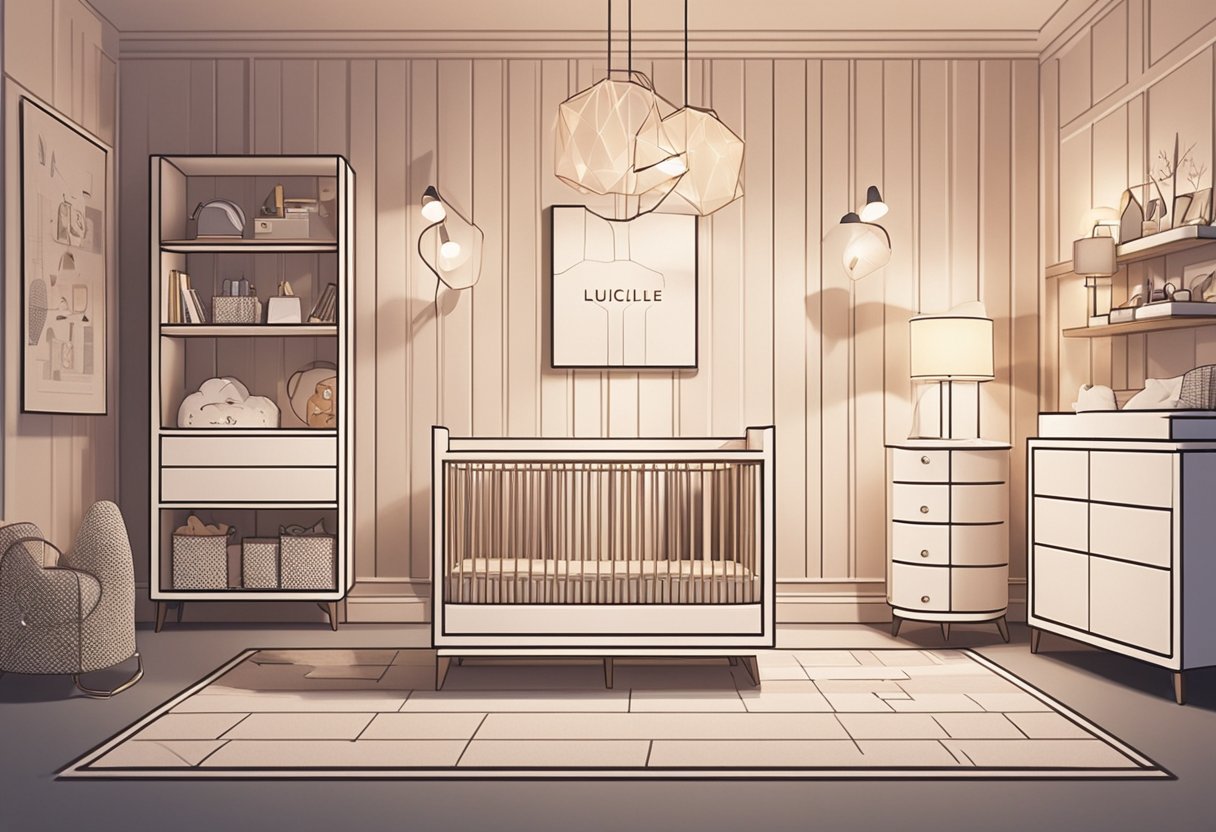 A modern baby nursery with the name "Lucille" displayed on the wall in bold, stylish lettering