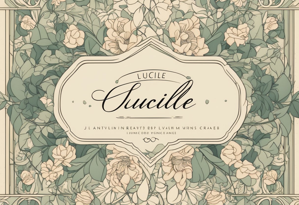 A baby name "Lucille" displayed in elegant script on a vintage-inspired birth announcement surrounded by delicate floral motifs