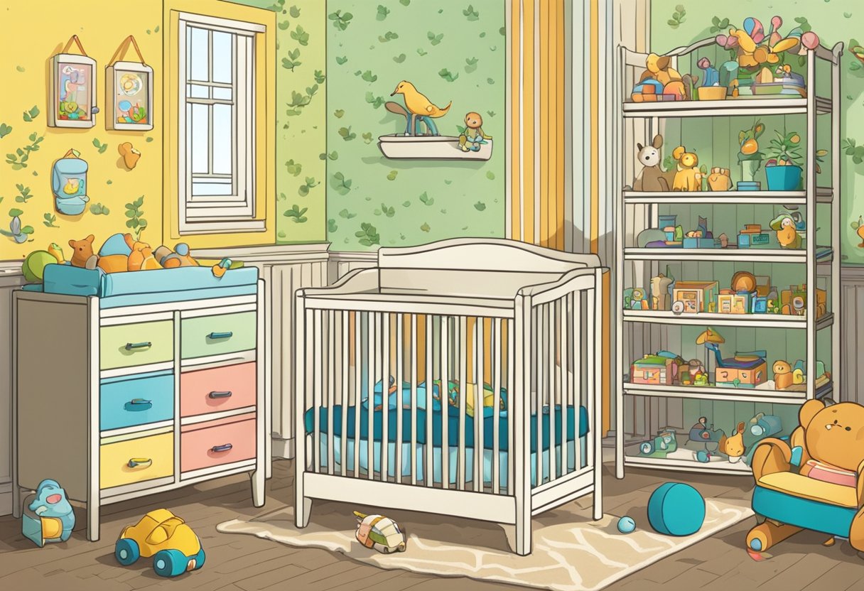 A colorful nursery with a crib labeled "Lyndon" and toys scattered around