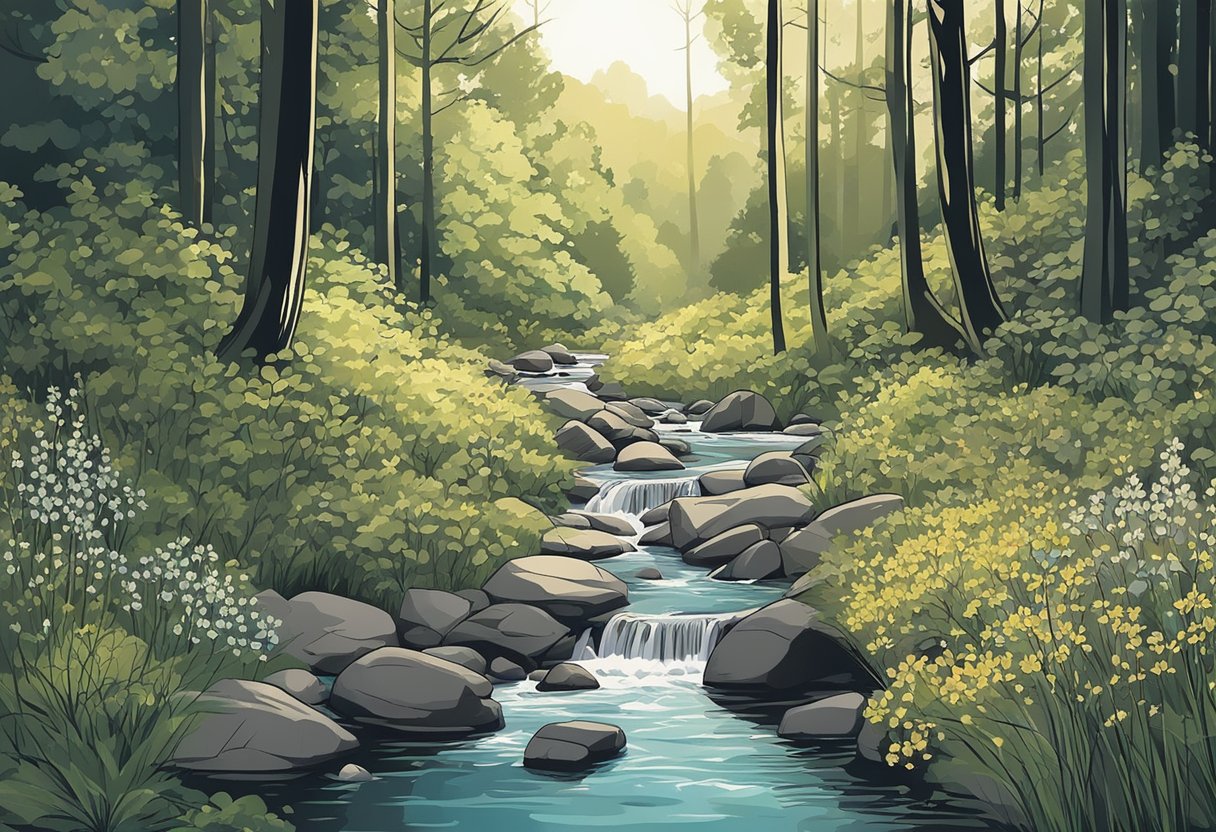 A serene forest clearing with a babbling brook, sunlight filtering through the trees, and a small cluster of wildflowers