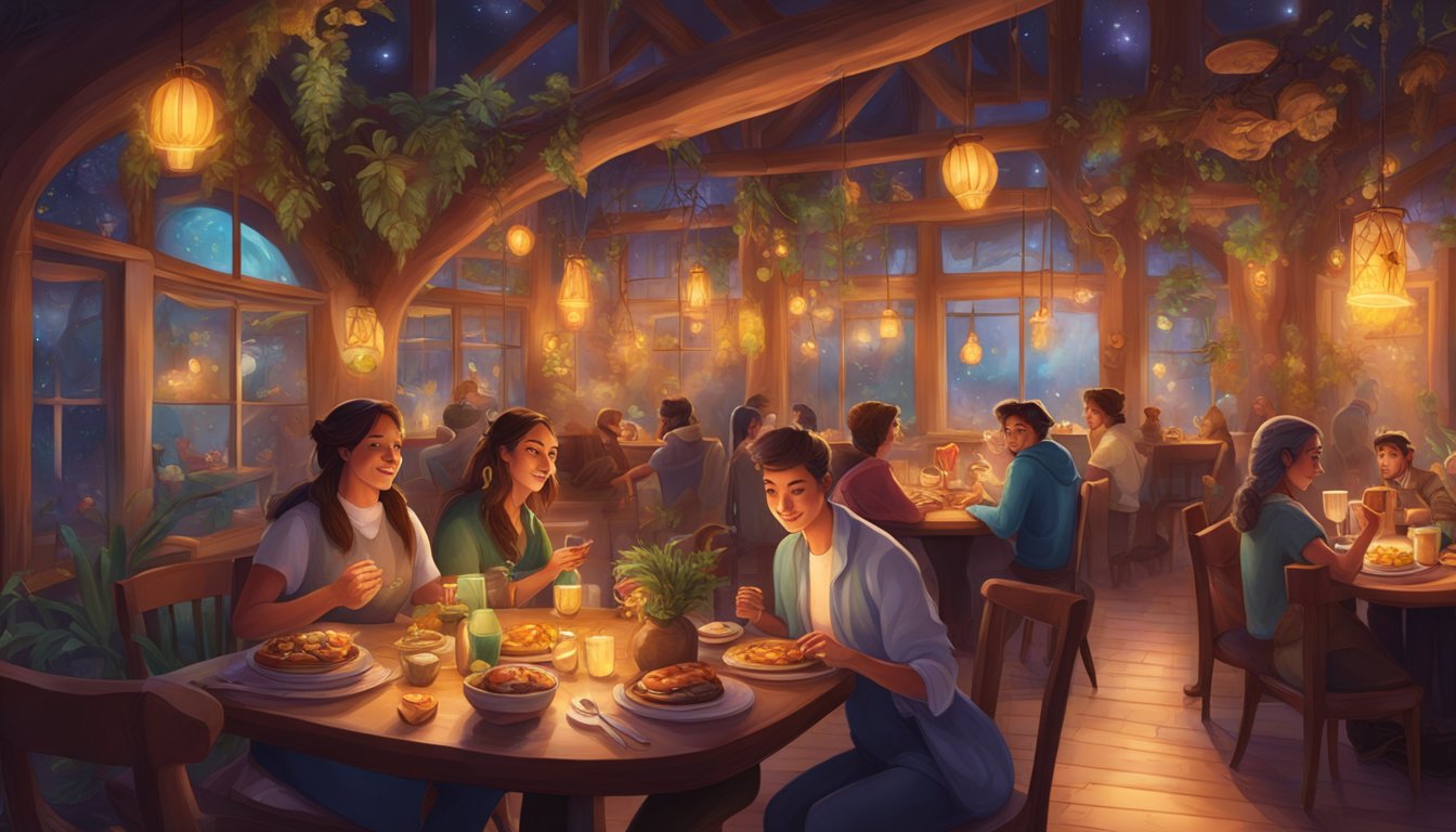 A cozy restaurant with warm lighting and a magical atmosphere, filled with diverse and fantastical creatures enjoying delicious otherworldly cuisine