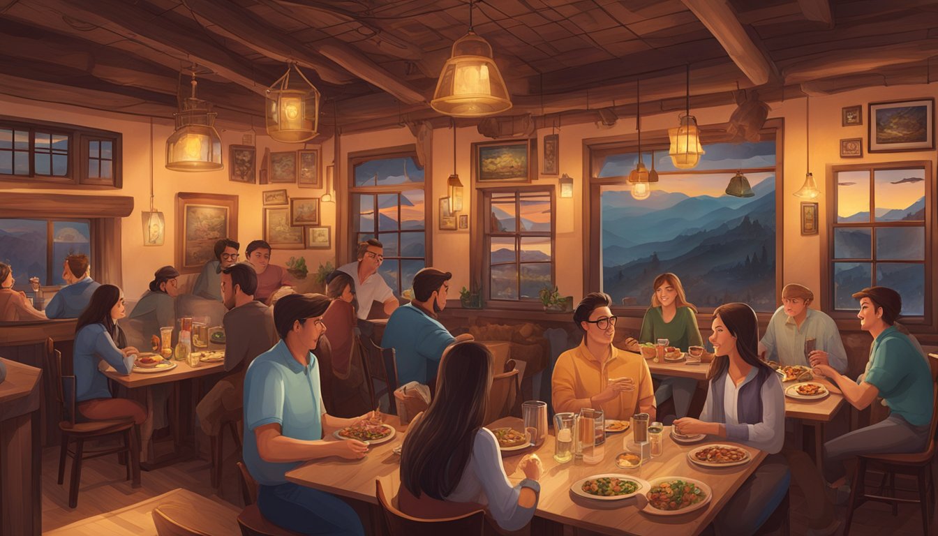 Customers enjoying a variety of Western dishes in a cozy, otherworldly restaurant filled with warm lighting and unique decor