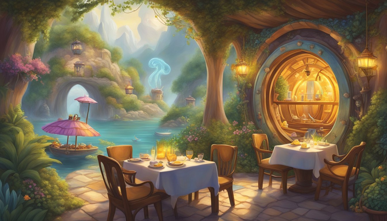 A magical portal opens in a quaint restaurant, transporting diners to a mystical world filled with floating islands and colorful creatures