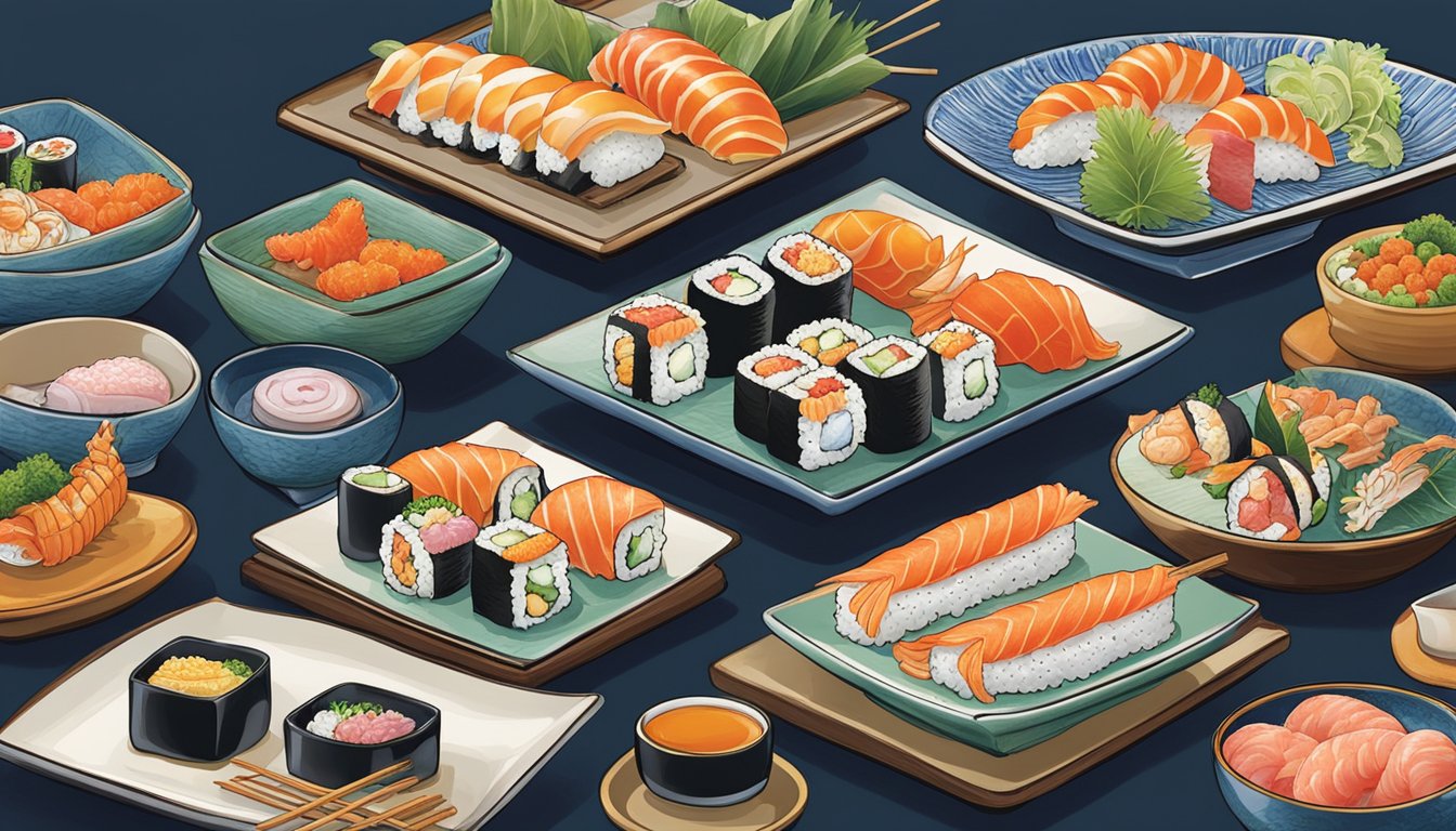 A vibrant display of sushi, sashimi, and tempura on traditional ceramic plates at Shiraishi restaurant. Rich colors and intricate details showcase the culinary delights of Japanese cuisine