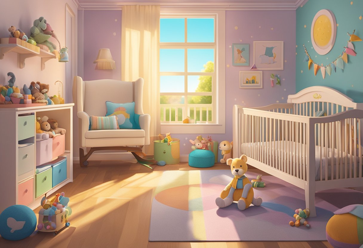 A baby named Lyric giggles in a sunlit nursery, surrounded by colorful toys and a cozy crib