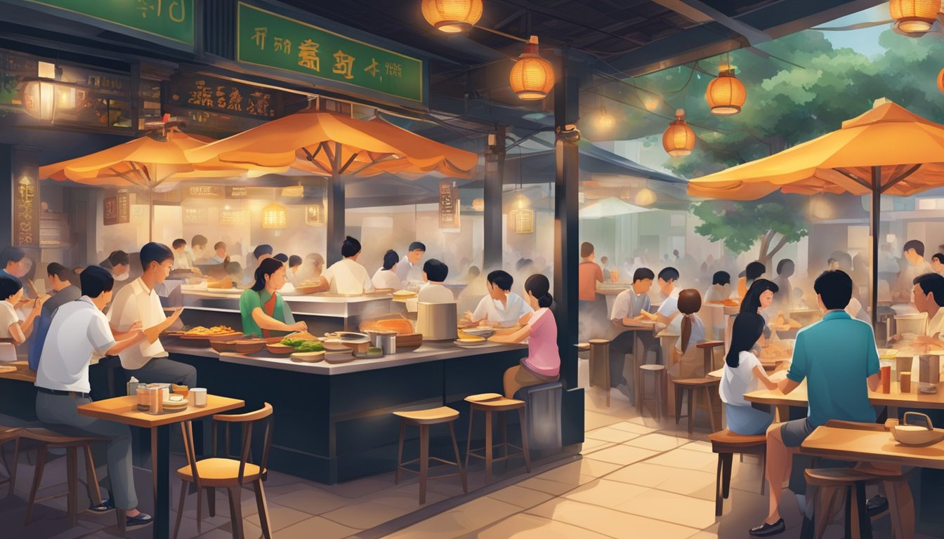 A bustling Singapore chicken rice restaurant with steaming pots, sizzling grills, and diners enjoying fragrant, flavorful dishes