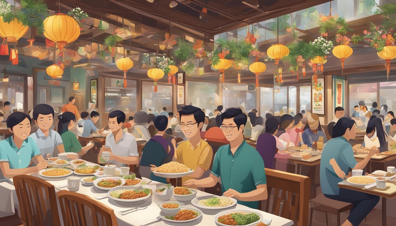 A bustling Singapore chicken rice restaurant, with steaming plates and aromatic herbs, surrounded by eager diners and colorful cultural decor