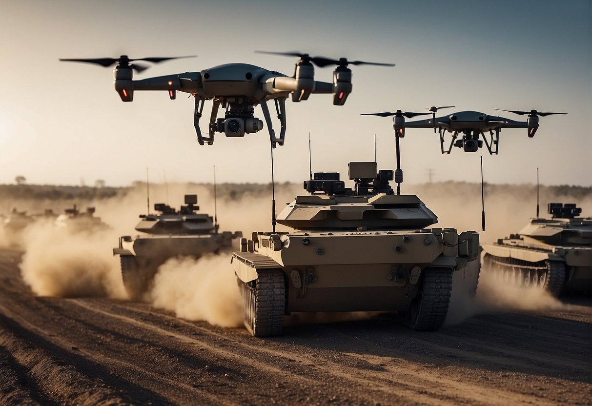 Drones fly over a battlefield, targeting enemy positions. Tanks and vehicles move in formation, guided by AI systems. Missiles launch from unmanned aircraft, striking precise targets