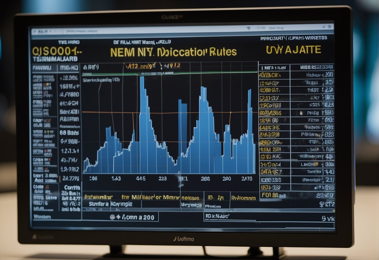 A news headline flashes on a screen as a stock chart fluctuates. A calendar with market dates and events is visible in the background