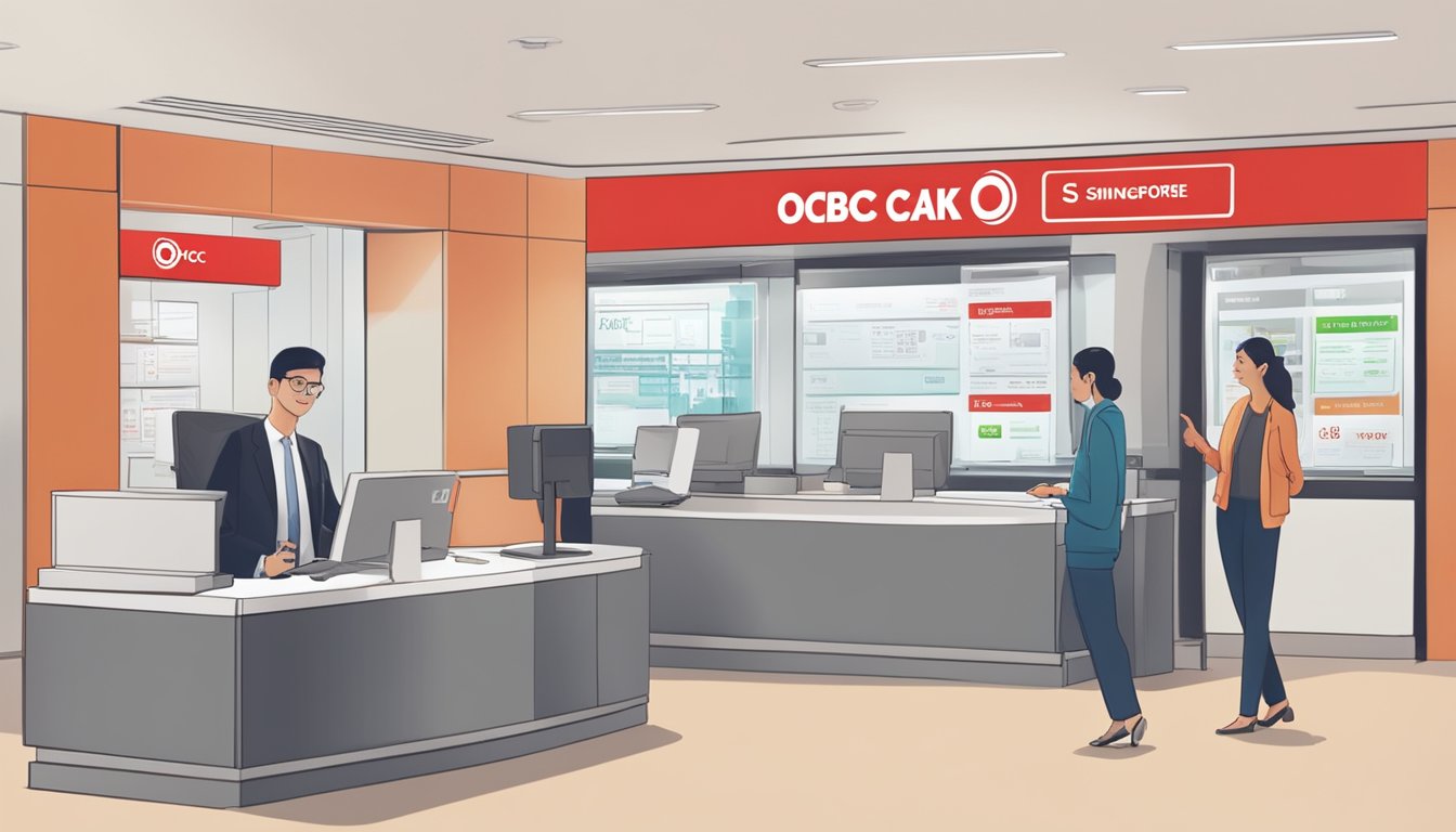 A customer at a bank desk, with a sign displaying "OCBC Cash-on-Instalment Singapore". The customer is discussing interest rates and fees with a bank representative