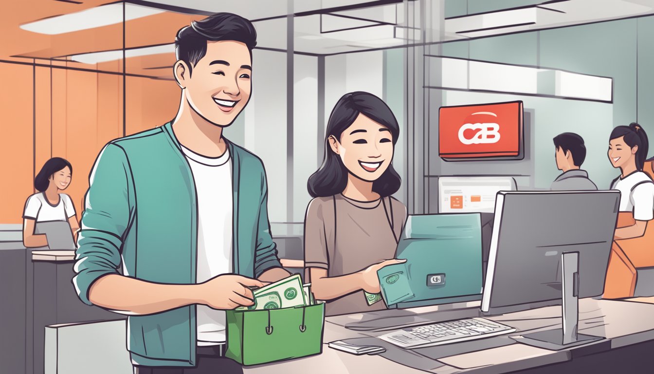 A customer smiling while using OCBC Cash-on-Instalment to make a large purchase, with a sense of ease and convenience