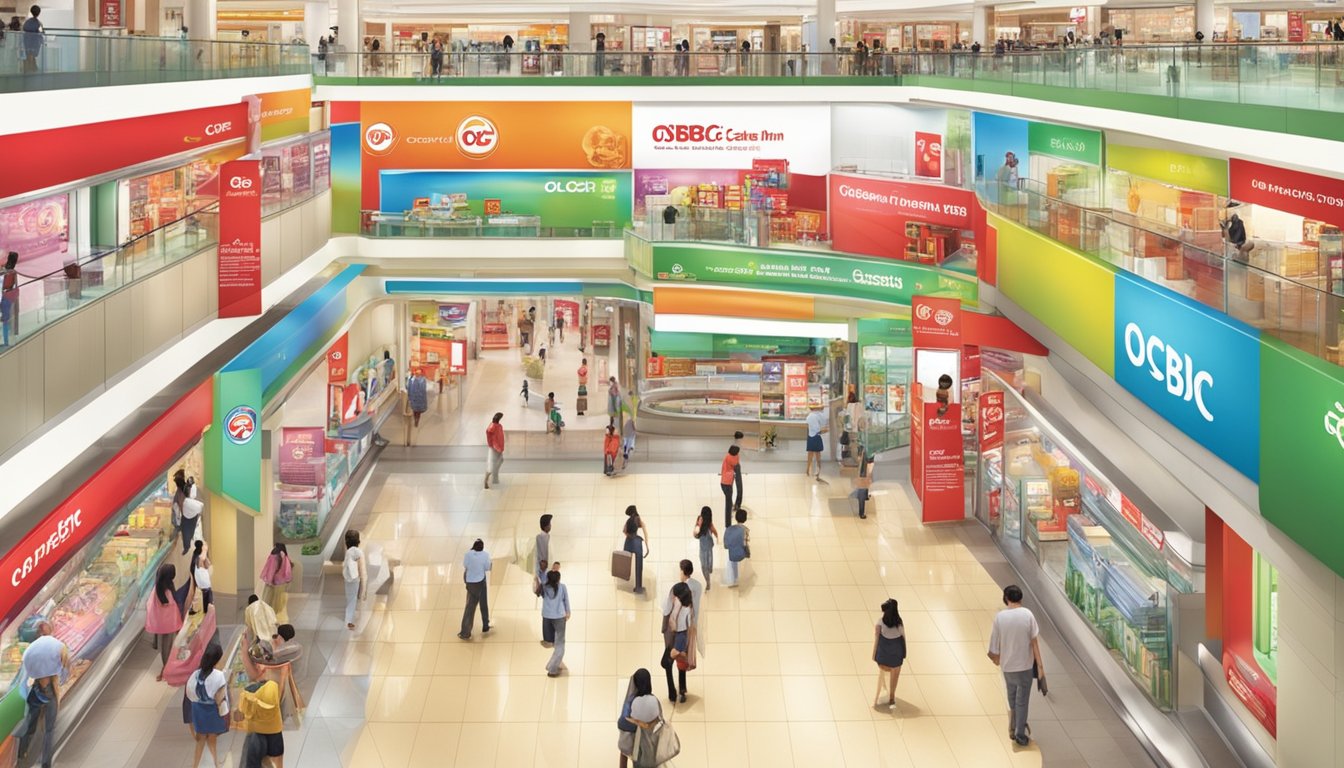 A colorful display of promotional banners and signs for OCBC Cash-on-Instalment in a bustling Singapore shopping mall