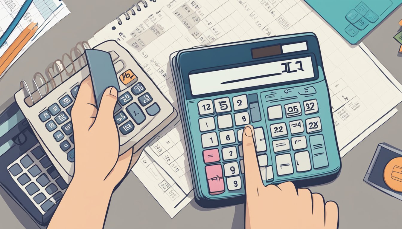 A hand holding a calculator with the OCBC logo, next to a stack of bills and a calendar, suggesting financial planning and consideration