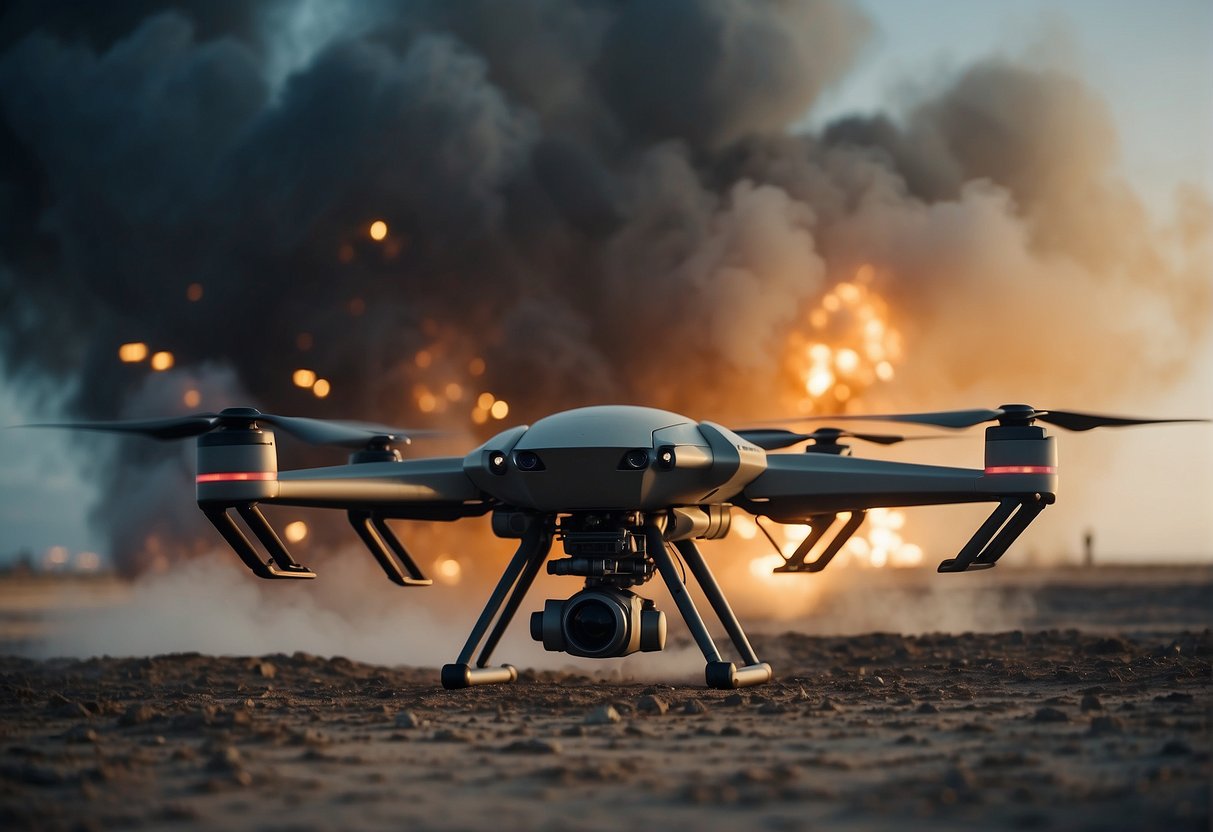 A drone squadron launches from a military base, guided by AI algorithms, while autonomous tanks patrol the ground, showcasing AI-driven military technologies in warfare