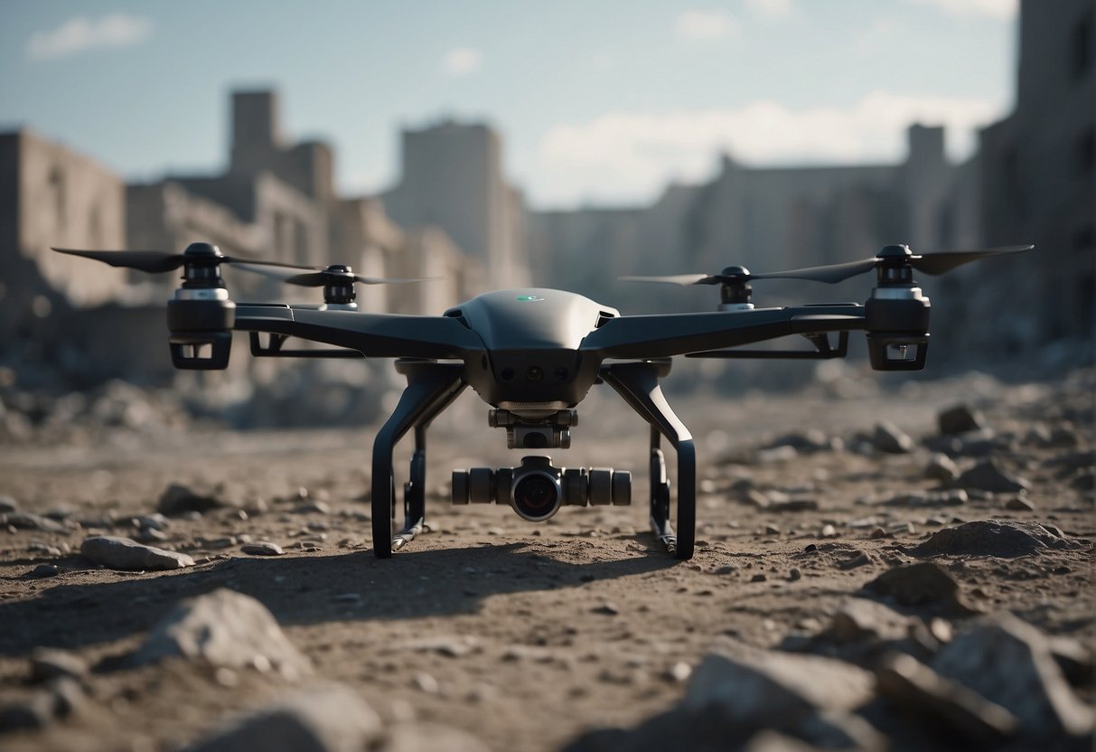 AI drones patrol a war-torn city, scanning for targets. A group of civilians huddle in fear as the machines loom overhead, sparking ethical debates