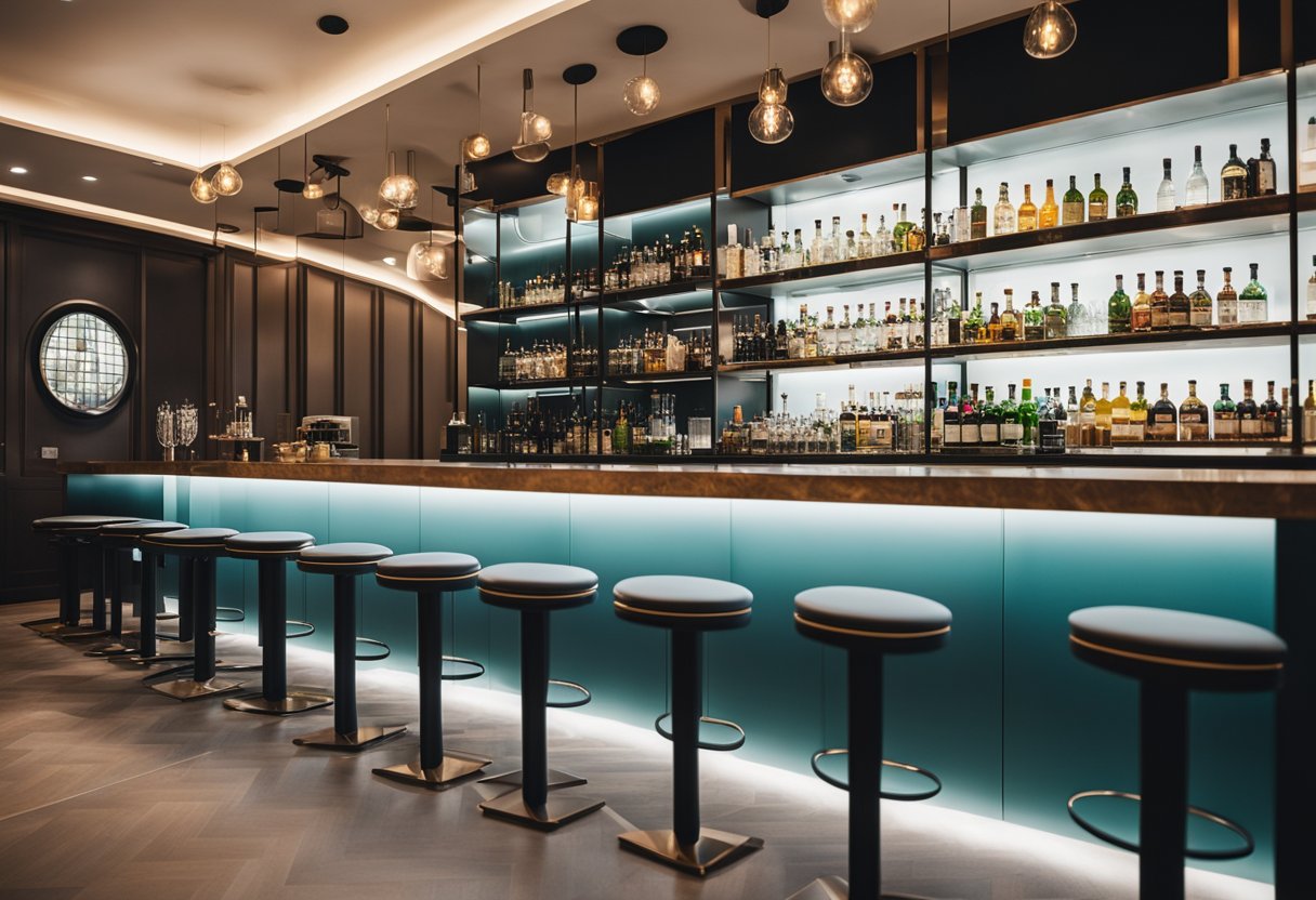 The bar counter in Singapore is adorned with sleek, modern furniture